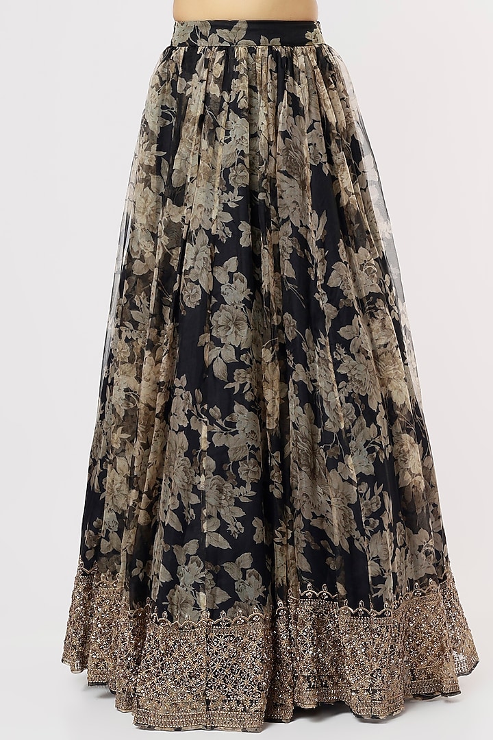 Black Organza & Crepe Digital Printed Wedding Lehenga Set by Astha Narang at Pernia's Pop Up Shop
