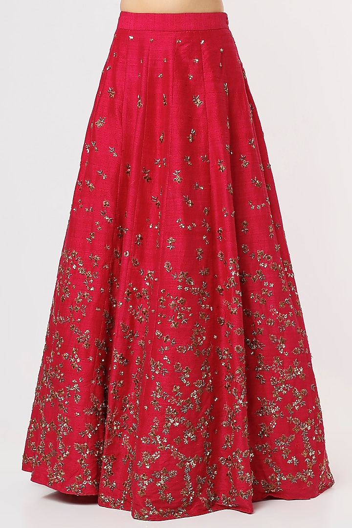 Carmine Pink Raw Silk & Net Sequins Embroidered Wedding Lehenga Set by Astha Narang at Pernia's Pop Up Shop