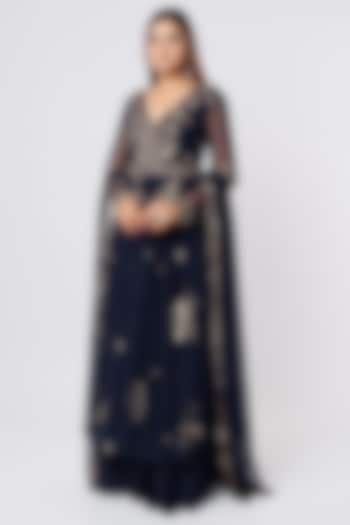 Navy Blue Net & Crepe Sequins Embroidered Jacket Set by Astha Narang
