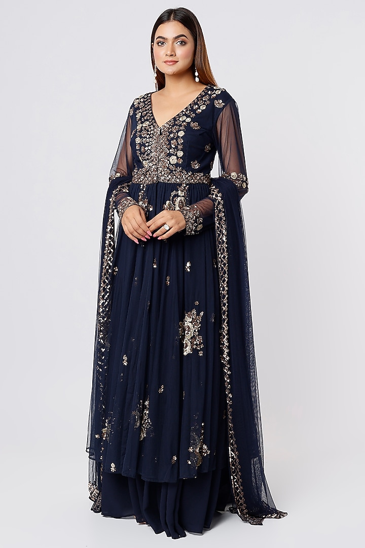 Navy Blue Net & Crepe Sequins Embroidered Jacket Set by Astha Narang