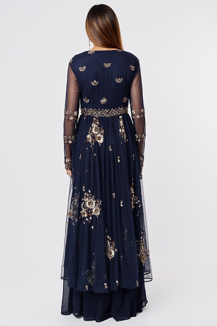 Navy Blue Net & Crepe Sequins Embroidered Jacket Set by Astha Narang at Pernia's Pop Up Shop