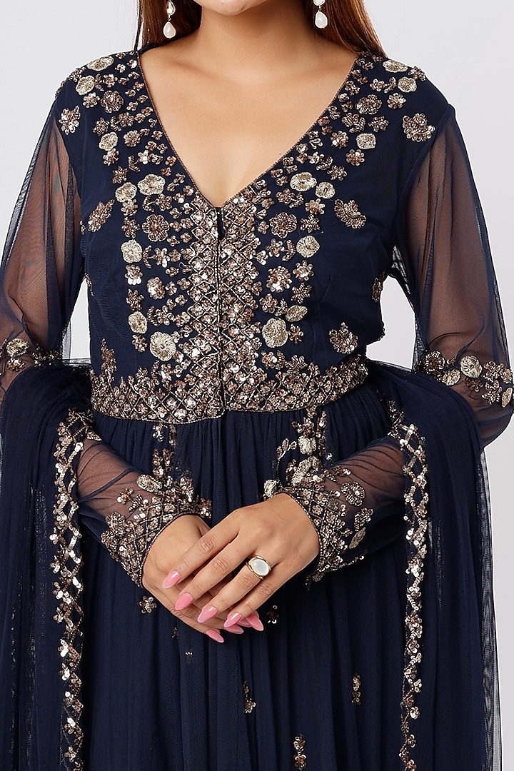 Navy Blue Net & Crepe Sequins Embroidered Jacket Set by Astha Narang at Pernia's Pop Up Shop