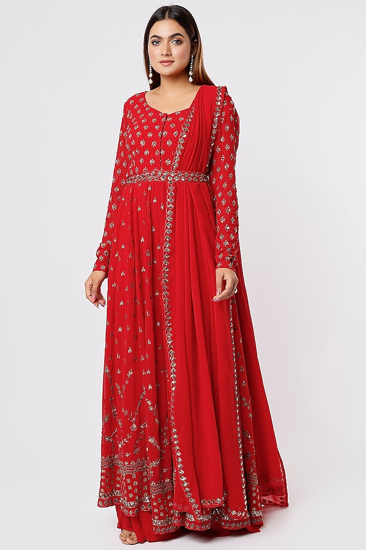 Red Georgette & Crepe Jaal Embroidered Jacket Set by Astha Narang