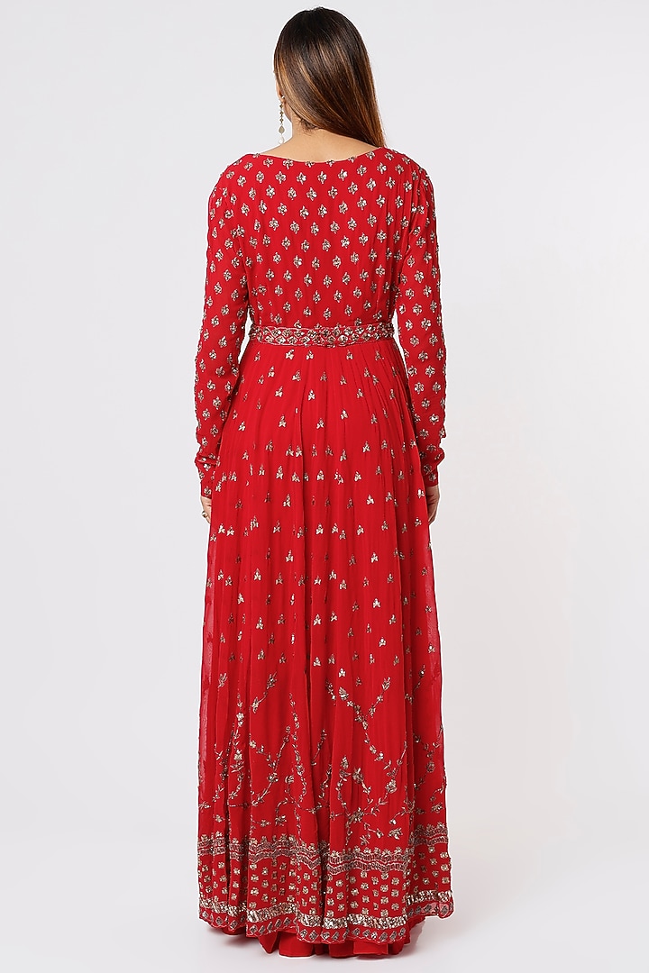 Red Georgette & Crepe Jaal Embroidered Jacket Set by Astha Narang at Pernia's Pop Up Shop