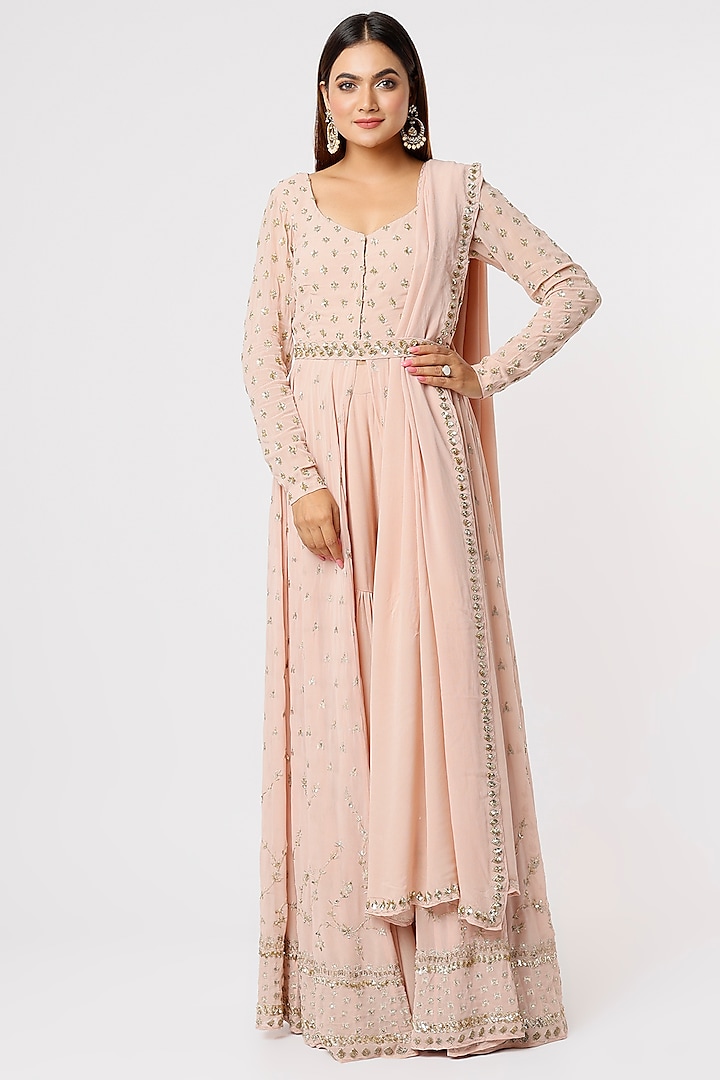 Blush Pink Georgette & Crepe Jaal Embroidered Jacket Set by Astha Narang