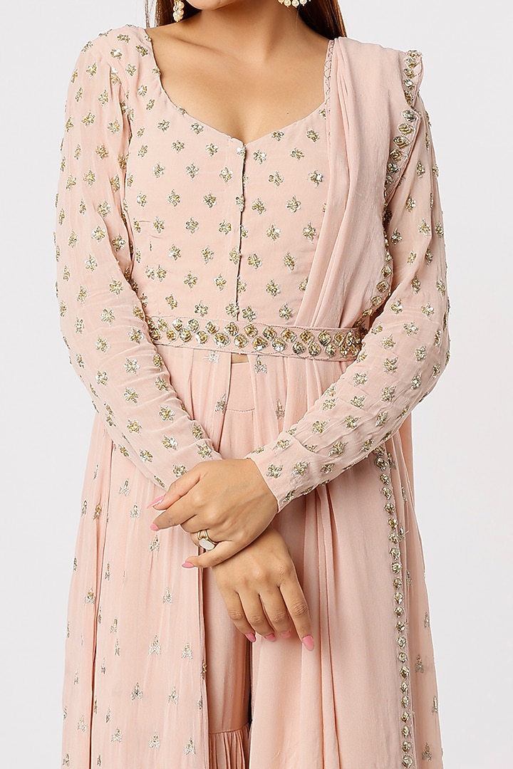 Blush Pink Georgette & Crepe Jaal Embroidered Jacket Set by Astha Narang at Pernia's Pop Up Shop