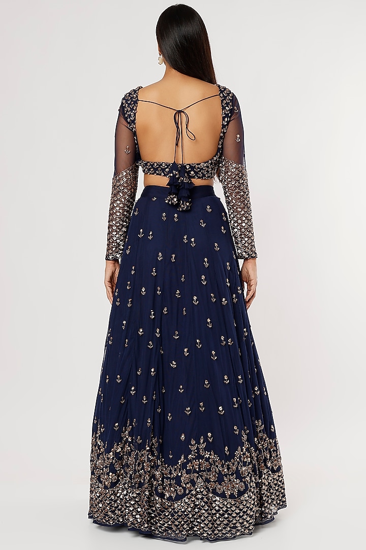 Navy Blue Net Sequins Embroidered Wedding Lehenga Set by Astha Narang at Pernia's Pop Up Shop