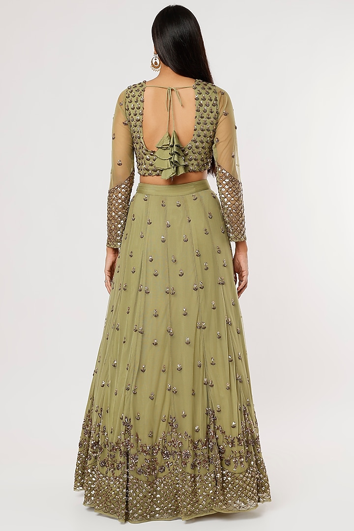 Olive Green Net Sequins Embroidered Wedding Lehenga Set by Astha Narang at Pernia's Pop Up Shop