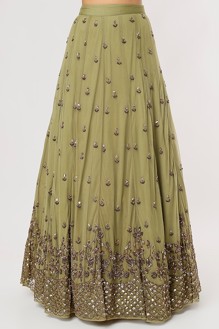 Olive Green Net Sequins Embroidered Wedding Lehenga Set by Astha Narang at Pernia's Pop Up Shop