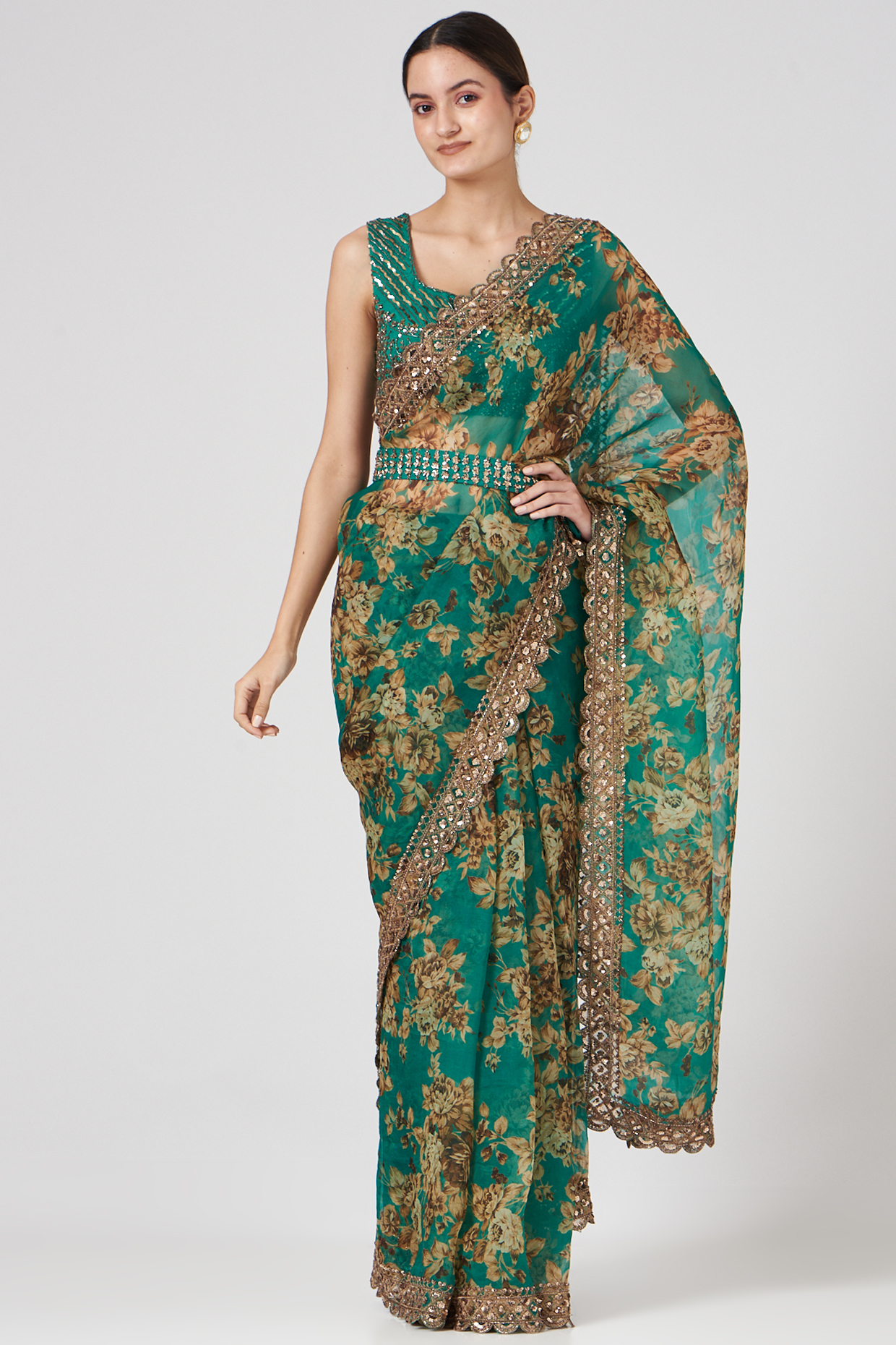 Green Silk Organza & Crepe Floral Printed Wedding Saree Set by Astha Narang at Pernia's Pop Up Shop
