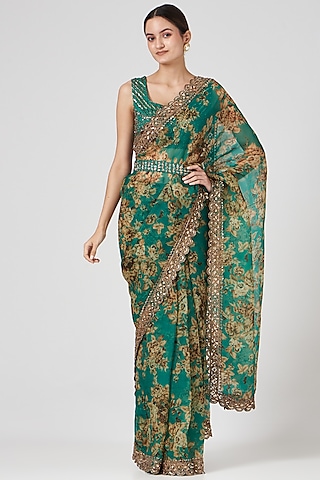Green Silk Organza & Crepe Floral Printed Saree Set by Astha Narang