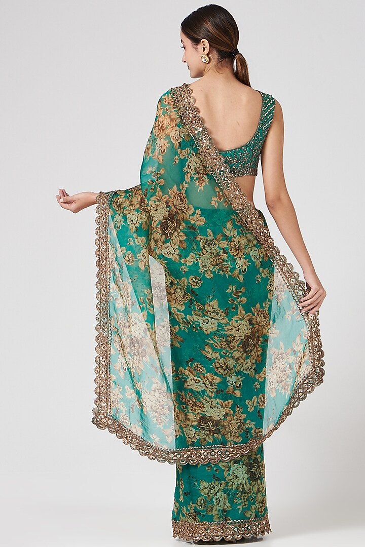 Green Silk Organza & Crepe Floral Printed Wedding Saree Set by Astha Narang at Pernia's Pop Up Shop