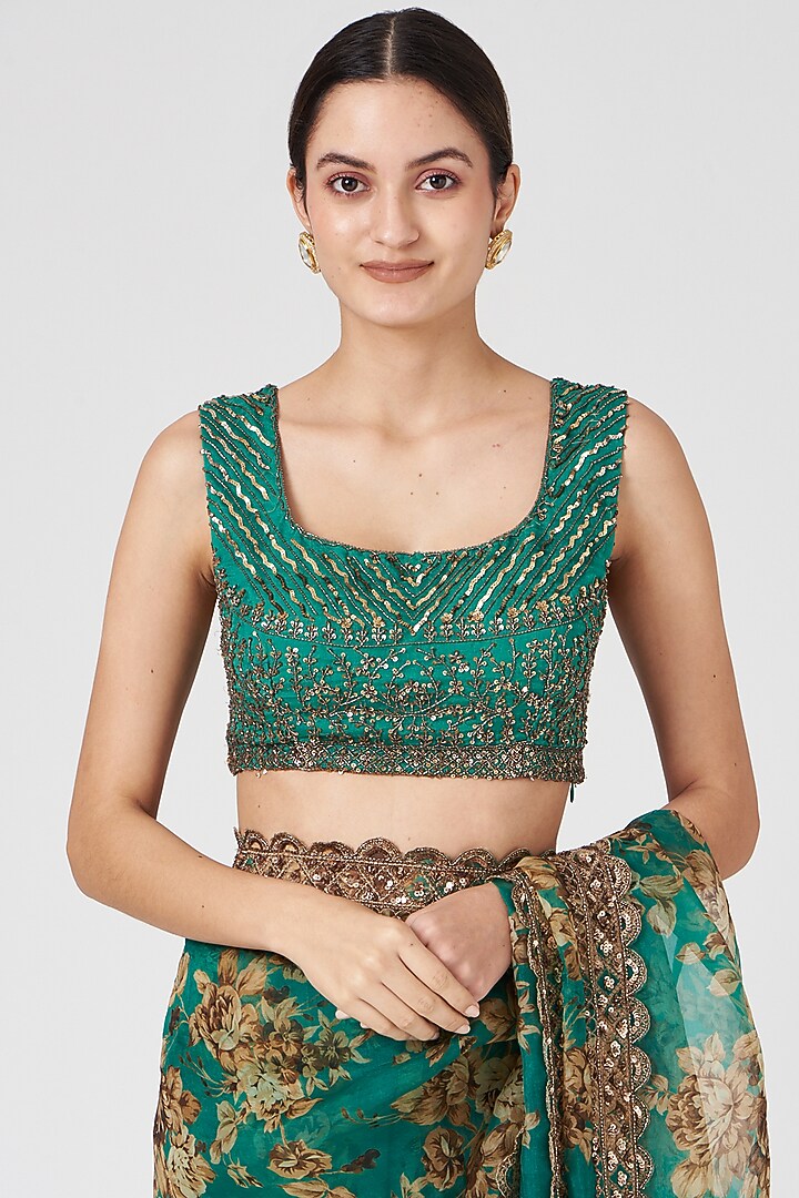 Green Silk Organza & Crepe Floral Printed Wedding Saree Set by Astha Narang at Pernia's Pop Up Shop