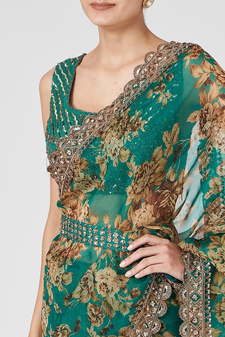 Green Silk Organza & Crepe Floral Printed Wedding Saree Set by Astha Narang at Pernia's Pop Up Shop