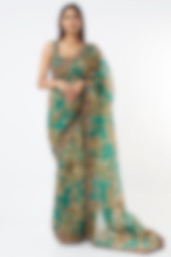 Green Silk Organza & Crepe Floral Printed Saree Set by Astha Narang at Pernia's Pop Up Shop