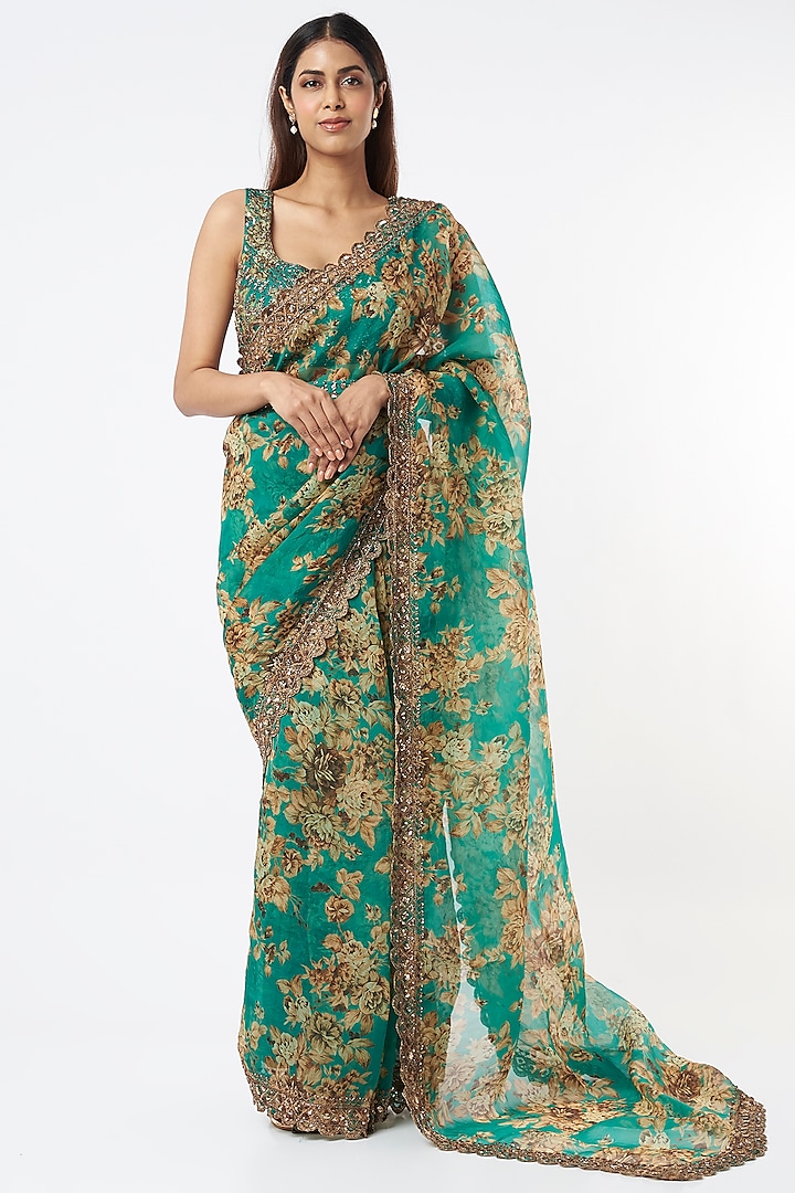 Green Silk Organza & Crepe Floral Printed Saree Set by Astha Narang at Pernia's Pop Up Shop