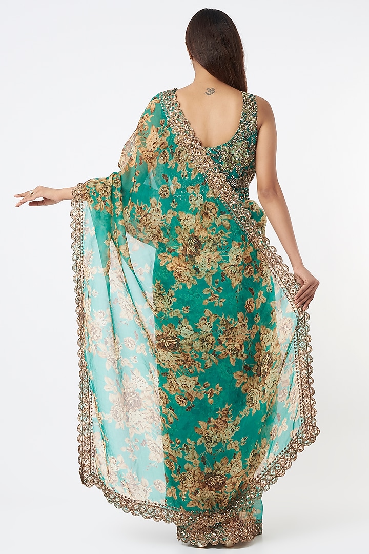 Green Silk Organza & Crepe Floral Printed Wedding Saree Set by Astha Narang at Pernia's Pop Up Shop