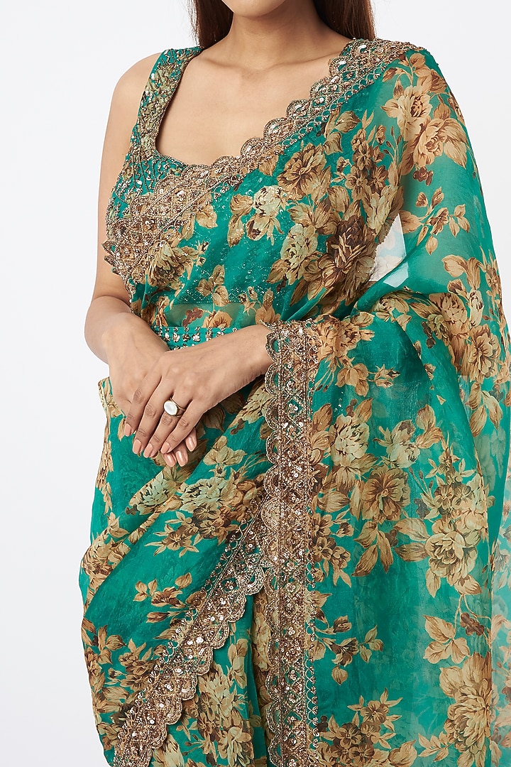 Green Silk Organza & Crepe Floral Printed Wedding Saree Set by Astha Narang at Pernia's Pop Up Shop