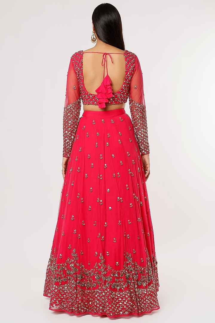 Fuchsia Net Sequins Embroidered Wedding Lehenga Set by Astha Narang at Pernia's Pop Up Shop