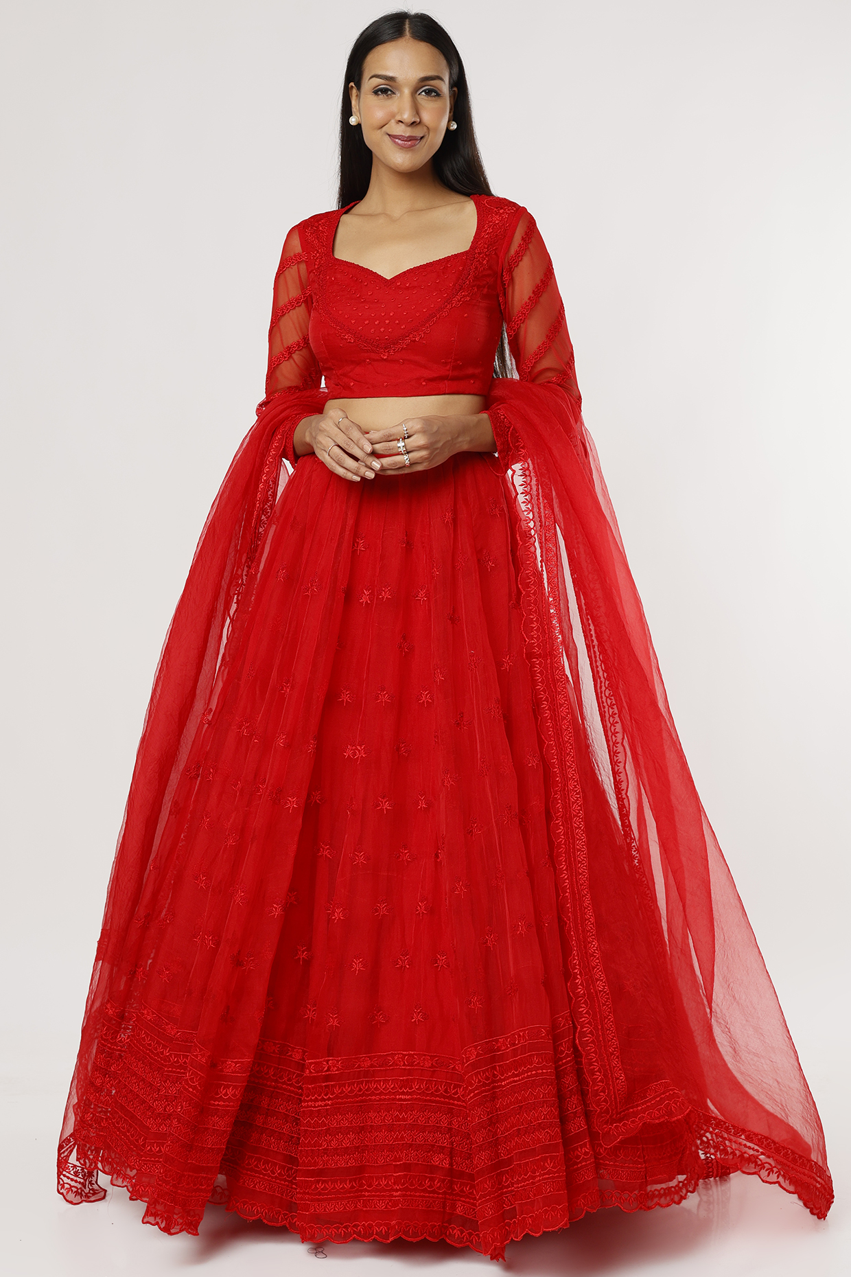 Red Organza Thread & Crepe Embroidered Wedding Lehenga Set by Astha Narang at Pernia's Pop Up Shop