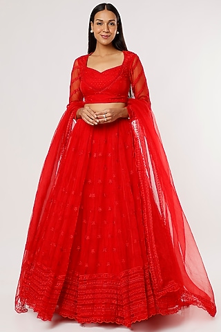 Red Organza Thread & Crepe Embroidered Lehenga Set by Astha Narang