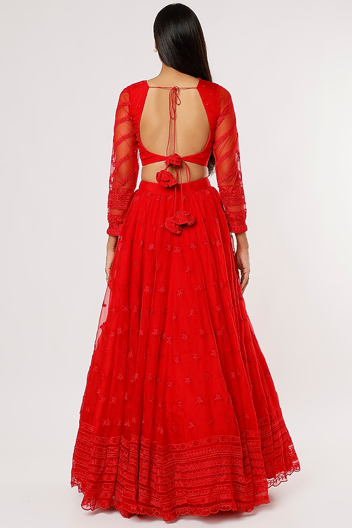 Red Organza Thread & Crepe Embroidered Wedding Lehenga Set by Astha Narang at Pernia's Pop Up Shop