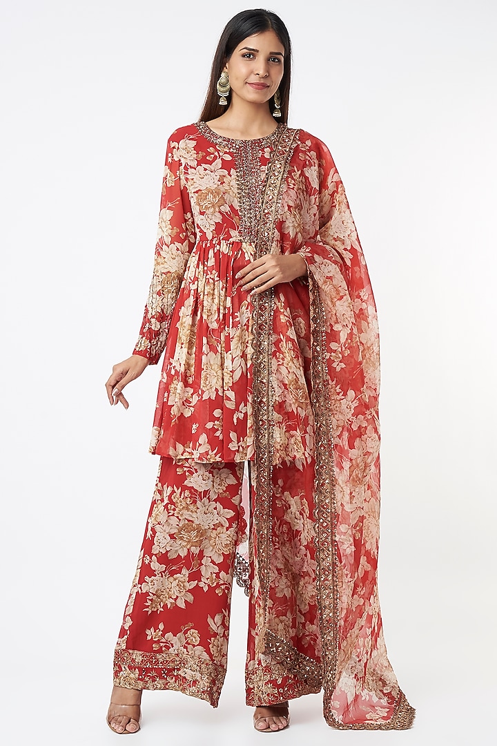 Red Printed Kurta Set by Astha Narang