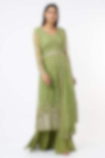 Olive Green Georgette & Crepe Jaal Embroidered Kurta Set by Astha Narang