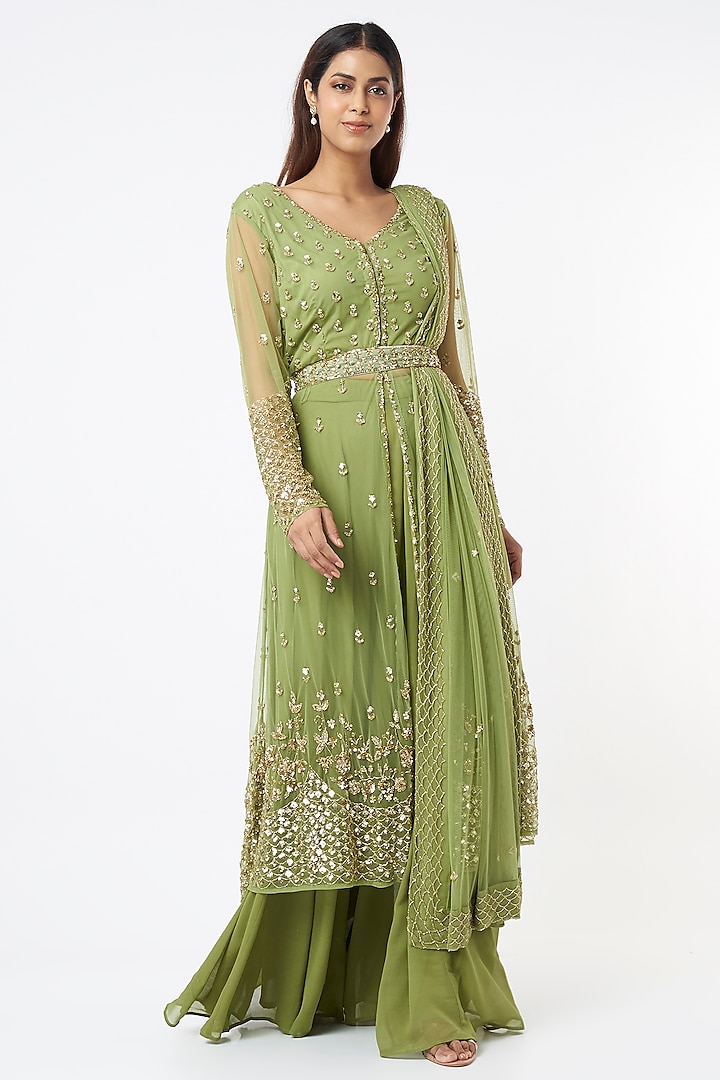 Olive Green Georgette & Crepe Jaal Embroidered Kurta Set by Astha Narang