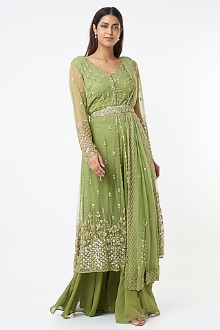 Olive Green Georgette & Crepe Jaal Embroidered Kurta Set by Astha Narang