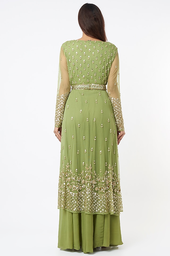 Olive Green Georgette & Crepe Jaal Embroidered Kurta Set by Astha Narang at Pernia's Pop Up Shop