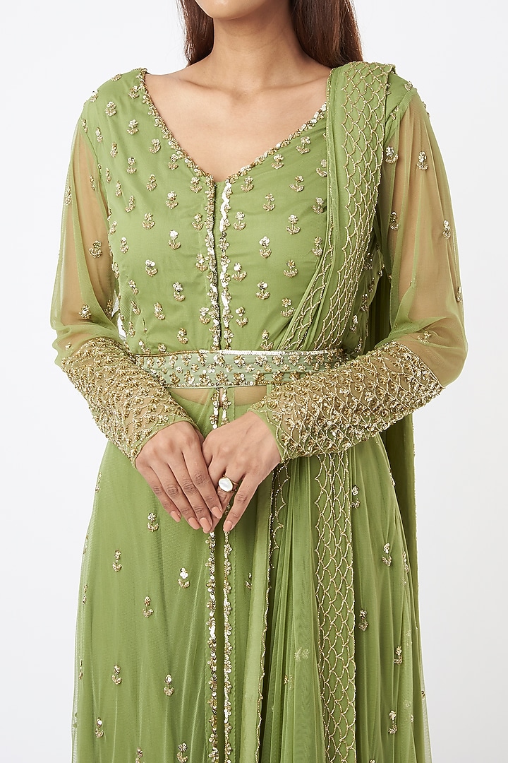 Olive Green Georgette & Crepe Jaal Embroidered Kurta Set by Astha Narang at Pernia's Pop Up Shop