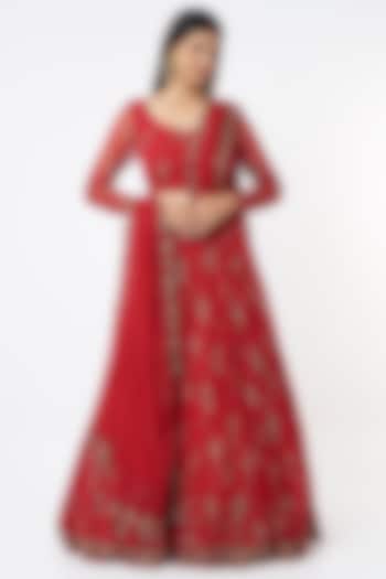 Red Net Thread Embroidered Lehenga Set by Astha Narang