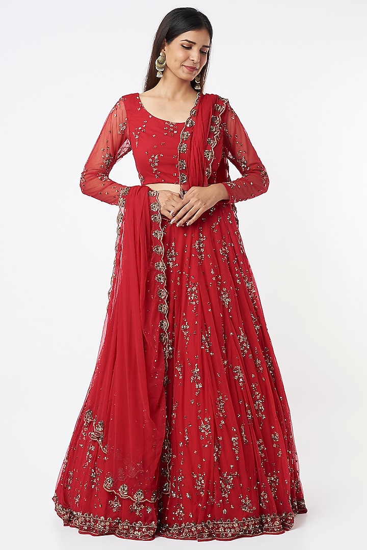 Red Net Thread Embroidered Lehenga Set by Astha Narang