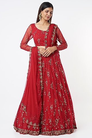 Red Net Thread Embroidered Lehenga Set by Astha Narang