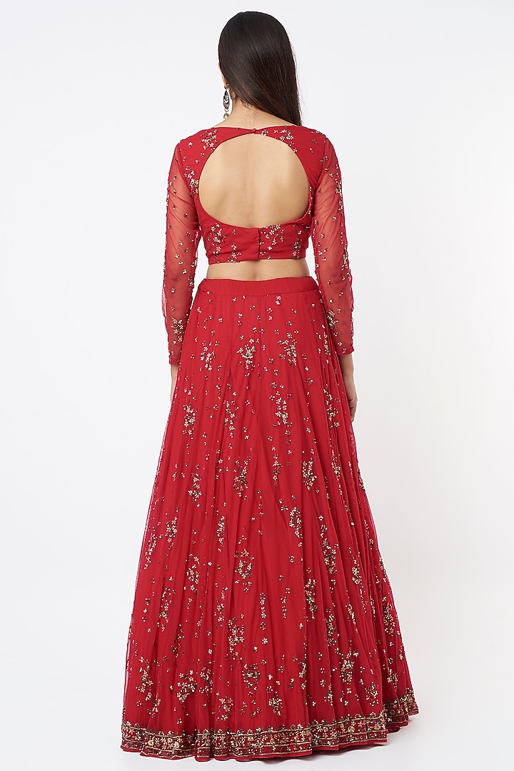 Red Net Thread Embroidered Wedding Lehenga Set by Astha Narang at Pernia's Pop Up Shop