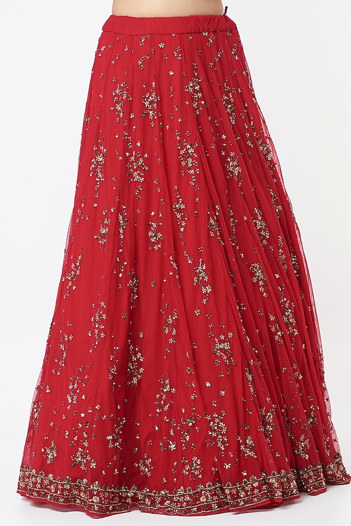 Red Net Thread Embroidered Wedding Lehenga Set by Astha Narang at Pernia's Pop Up Shop