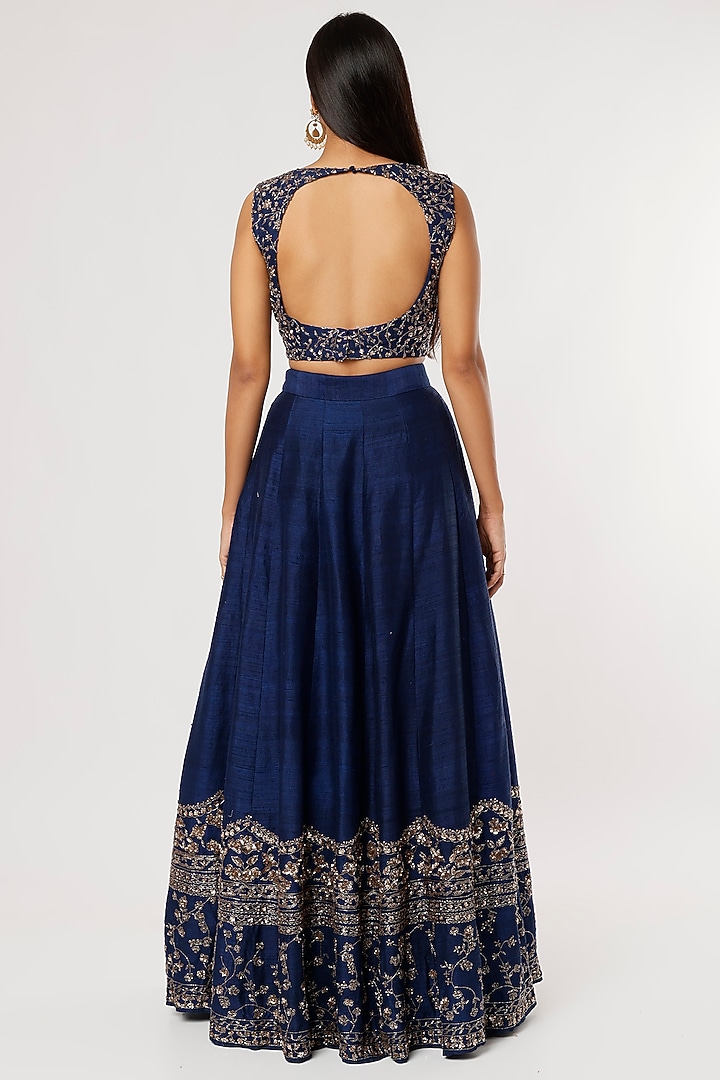 Midnight Blue Raw Silk & Crepe Sequins Embroidered Wedding Lehenga Set by Astha Narang at Pernia's Pop Up Shop
