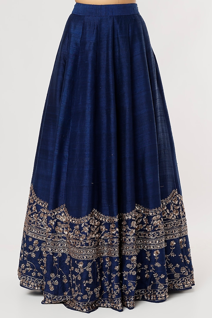 Midnight Blue Raw Silk & Crepe Sequins Embroidered Wedding Lehenga Set by Astha Narang at Pernia's Pop Up Shop