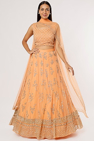 Peach Raw Silk & Crepe Sequins Embroidered Lehenga Set by Astha Narang