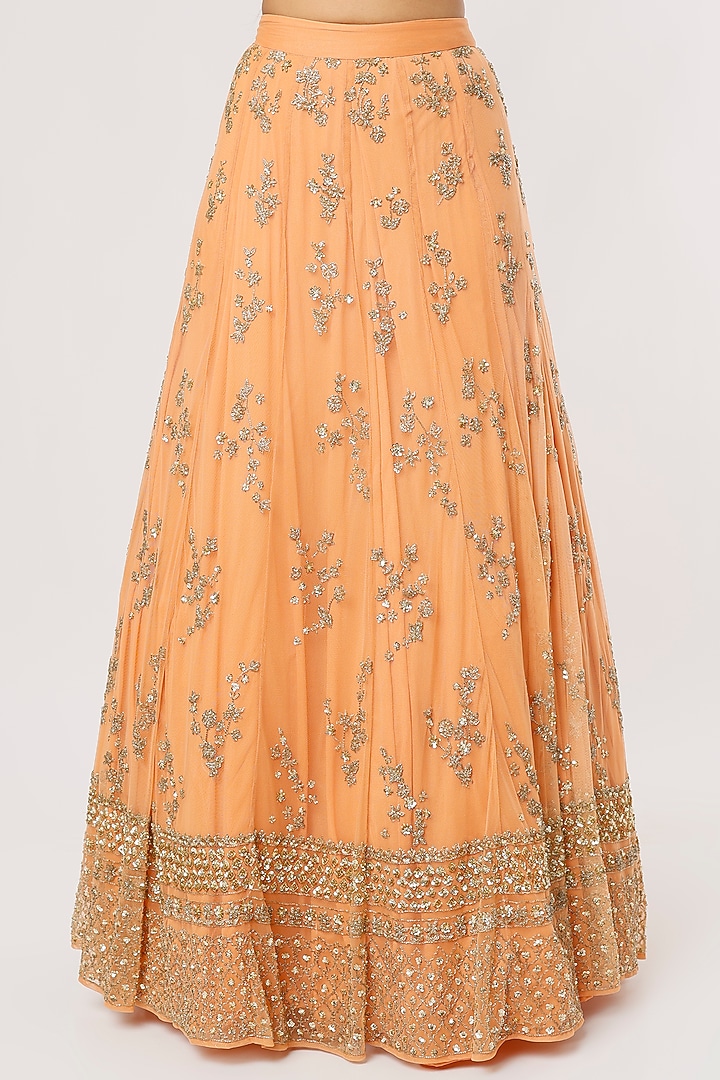 Peach Raw Silk & Crepe Sequins Embroidered Wedding Lehenga Set by Astha Narang at Pernia's Pop Up Shop
