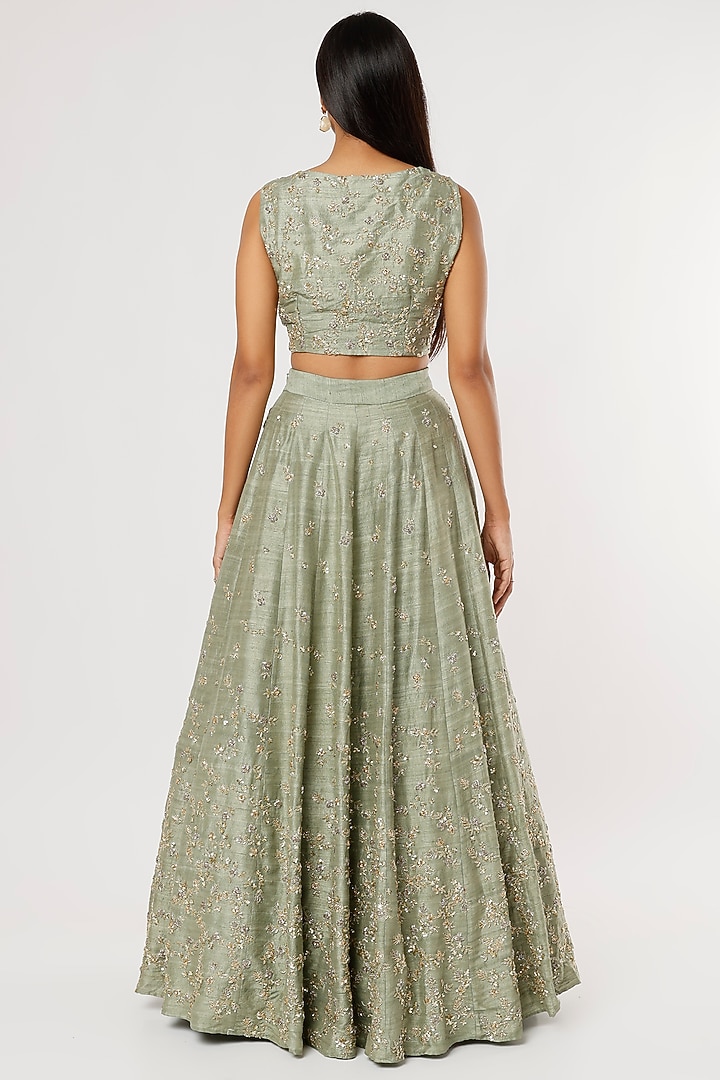 Mint Green Raw Silk & Crepe Sequins Embroidered Wedding Lehenga Set by Astha Narang at Pernia's Pop Up Shop