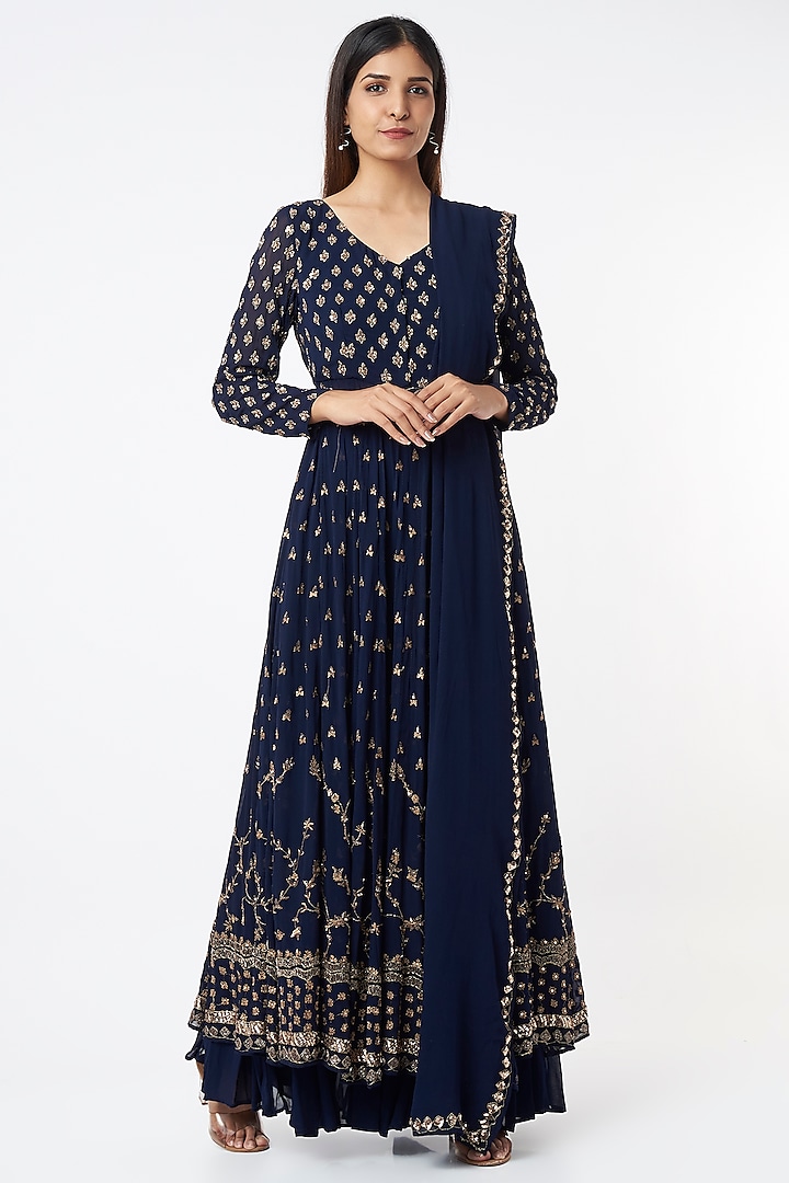 Navy Blue Embroidered Wedding Anarkali Set by Astha Narang at Pernia's Pop Up Shop