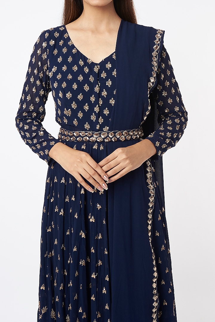 Navy Blue Embroidered Wedding Anarkali Set by Astha Narang at Pernia's Pop Up Shop