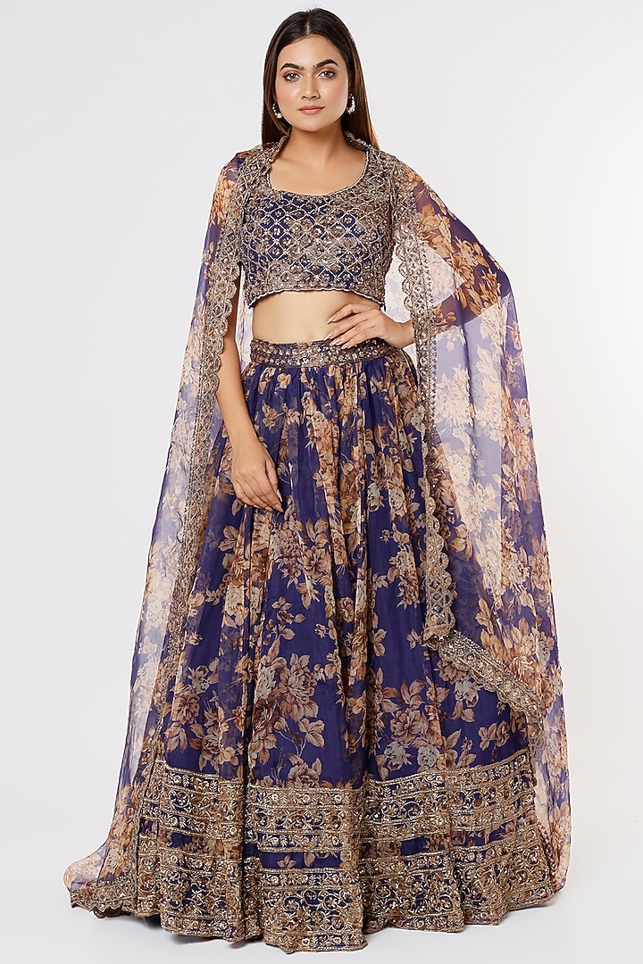 Dark Blue Silk Organza Floral Embroidered Floral Wedding Lehenga Set by Astha Narang at Pernia's Pop Up Shop