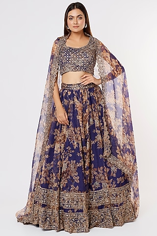 Dark Blue Silk Organza Floral Embroidered Floral Lehenga Set by Astha Narang