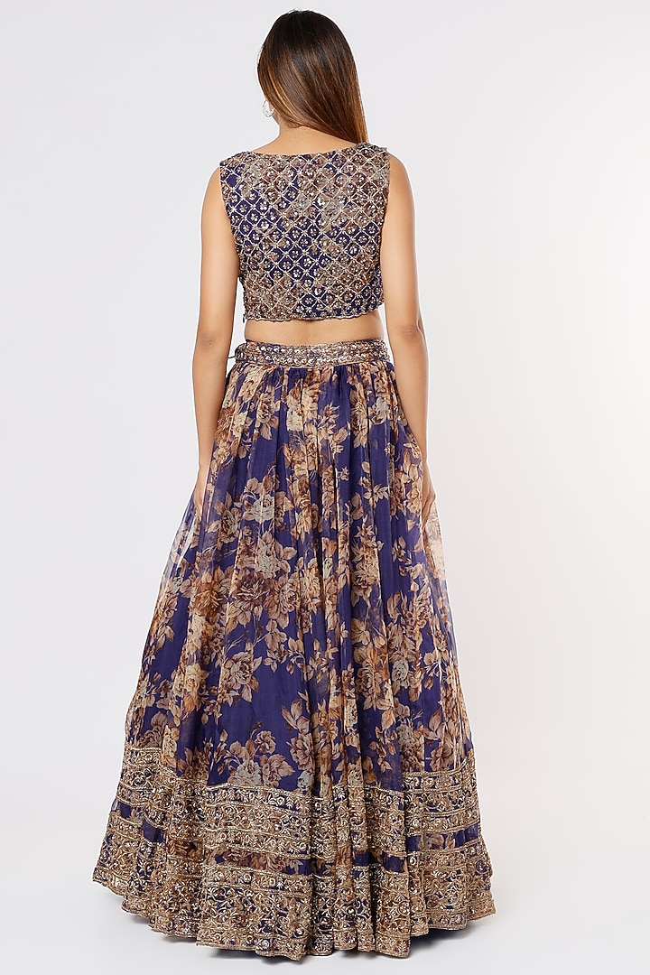 Dark Blue Silk Organza Floral Embroidered Floral Wedding Lehenga Set by Astha Narang at Pernia's Pop Up Shop