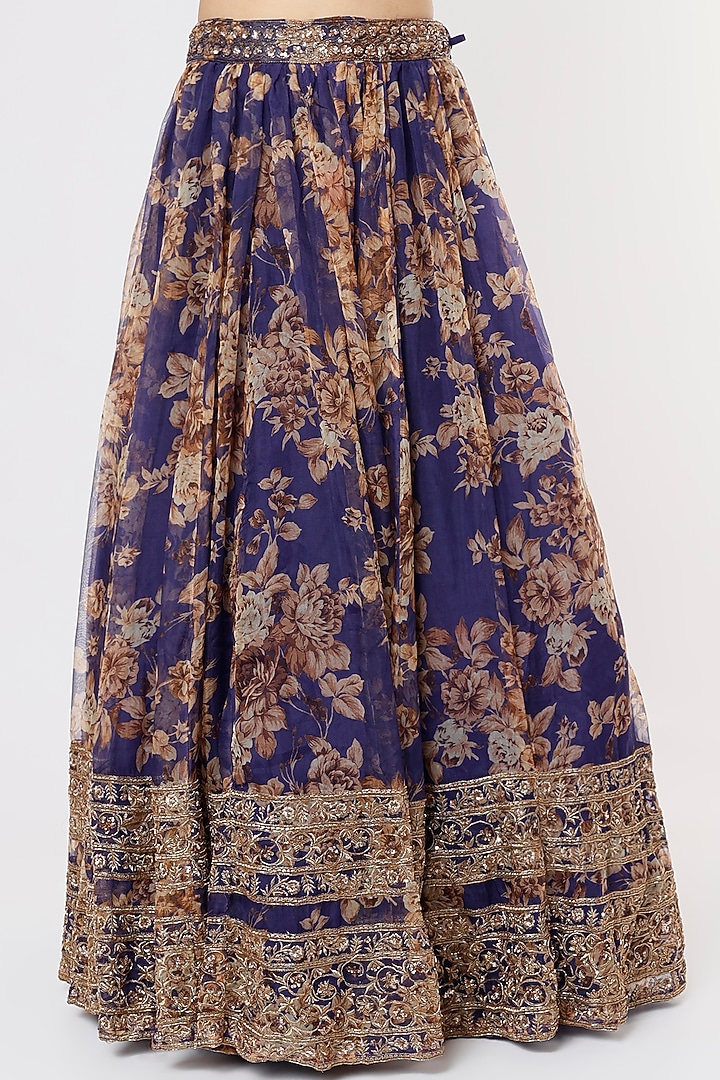 Dark Blue Silk Organza Floral Embroidered Floral Wedding Lehenga Set by Astha Narang at Pernia's Pop Up Shop