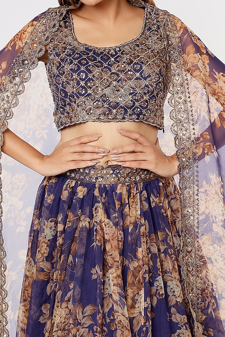 Dark Blue Silk Organza Floral Embroidered Floral Wedding Lehenga Set by Astha Narang at Pernia's Pop Up Shop