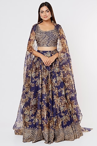 Dark Blue Silk Organza Floral Embroidered Lehenga Set by Astha Narang